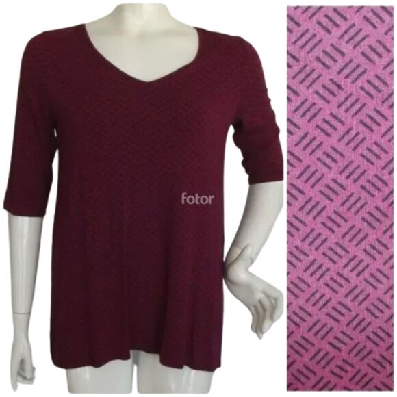 J.JILL Top/Tunic, SP Petite, Maroon, Crosshatch pattern, Mid-sleeve, - Picture 1 of 16